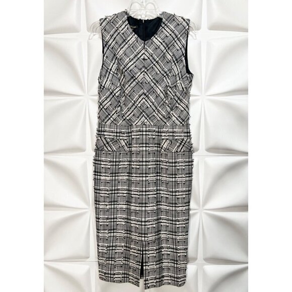 Escada 38 Sz 8 Black Ivory Plaid Tweed Fringed Textured Sheath Midi Dress V Neck - Picture 2 of 9